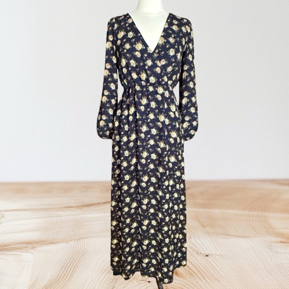 Promesa Maxi Dress Black Floral Sz M Long Balloon Sleeves Back Neck Tie Packable